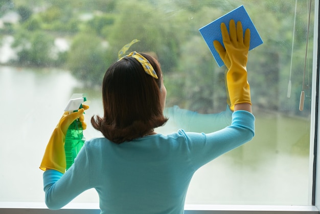 Rear view of pin-up housekeeper cleaning panoramic window with spray cleaner and sponge
