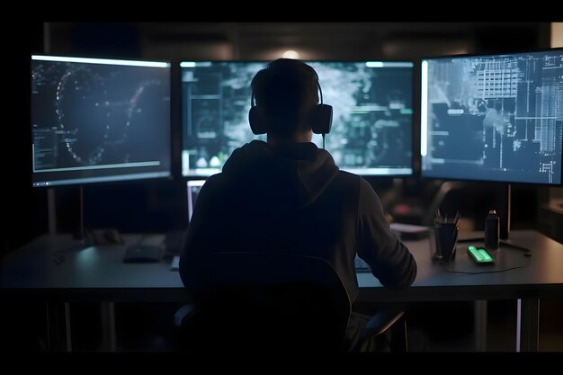 Rear view of security guard wearing headset sitting at desk in surveillance room