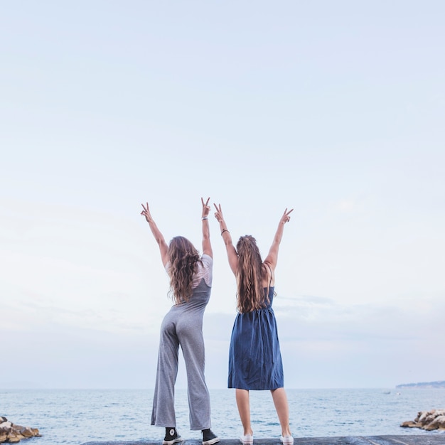 Rear view of two female friends standing on pier raising hands showing peace sign