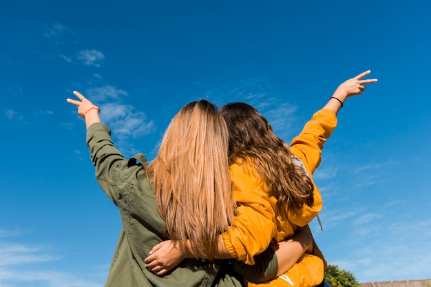 Free photo rear view of two friends gesturing victory sign against blue sky