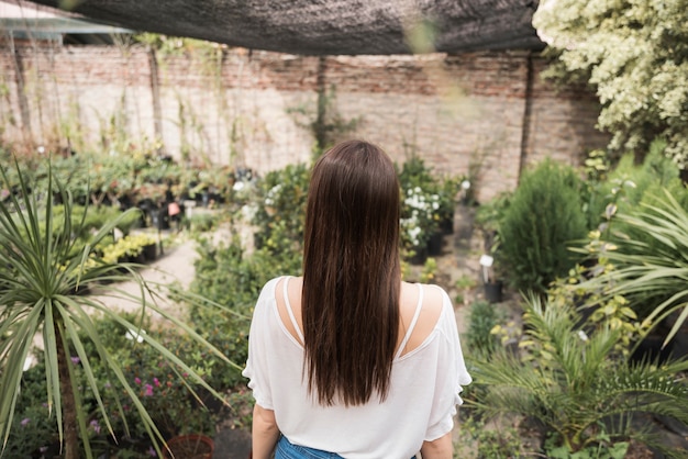 Free photo rear view of a woman standing in greenhouse