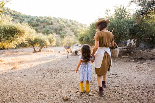 Вид сзади женщины, идущей с дочерью в поле