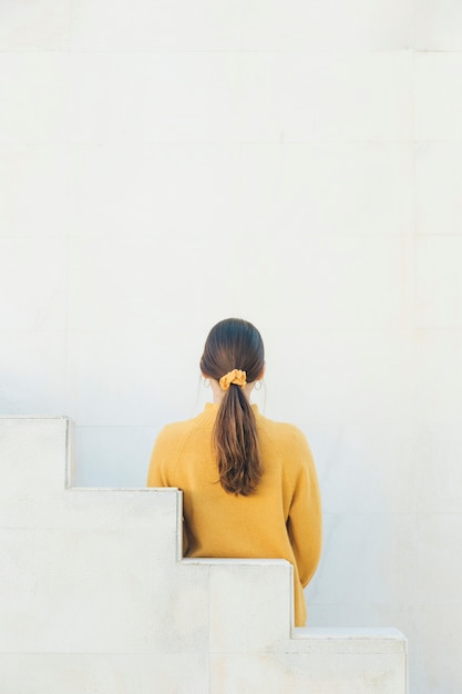 Free photo rear view of  a woman with pony tail