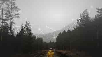 Foto gratuita vista posteriore di una donna in una giacca a vento gialla in piedi in una foresta nebbiosa
