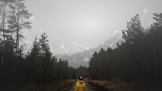 Rear view of a woman in a yellow windbreaker standing in a misty forest