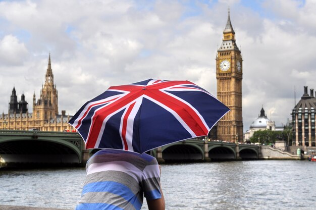 rear view of young man looking at the river thames