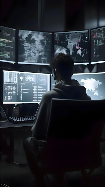 Rear view of a young man sitting in front of multiple computer screens in a dark room