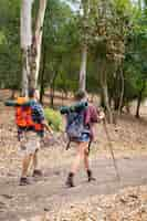 Foto gratuita vista posteriore dei giovani che fanno un'escursione nella foresta il giorno soleggiato. viaggiatori e amici che camminano con gli zaini nei boschi. palo della holding della donna. concetto di turismo, avventura e vacanze estive con lo zaino in spalla