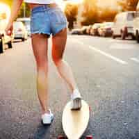 Free photo rear view of young woman in shorts and skateboard