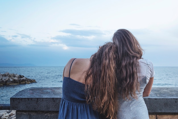 Rear of woman leaning on friend's shoulder looking at sea