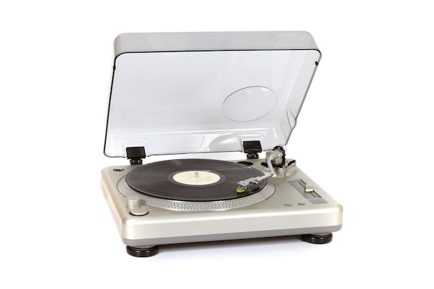 Record player on a white surface