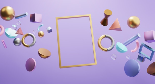 Rectangle gold frame. blank space banner on purple wall. stylish 3d rendering object