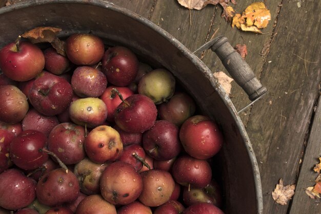 Red apples in a pan on wooden plank floor