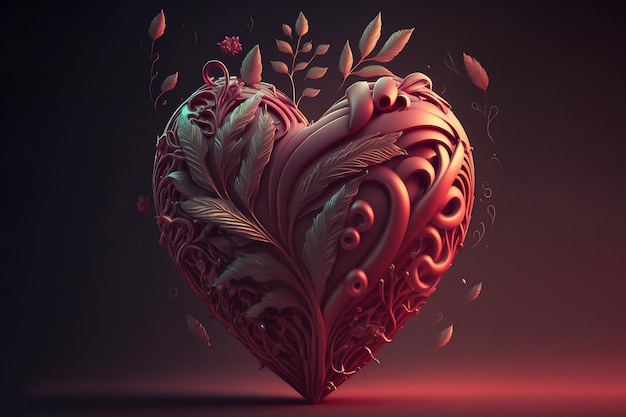 Бесплатное фото Красный художественный объект сердца на фоне размытия с декоративными формами листьев концепция дизайна для праздника день святого валентина день рождения или свадьба
