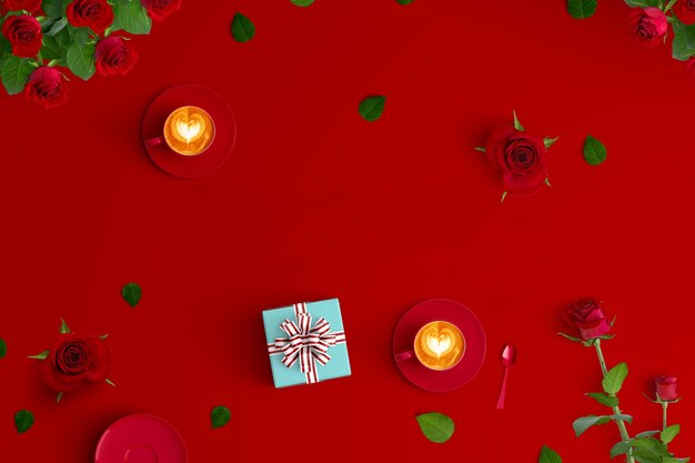 Red background with a gift and a rose