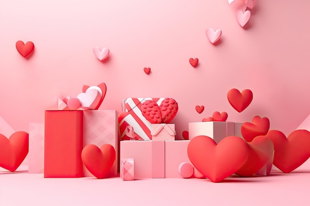 Red background with heartsballoons and gift packages with copy space Ai generative