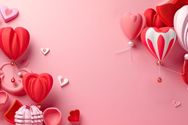 Red background with heartsballoons and gift packages with copy space Ai generative