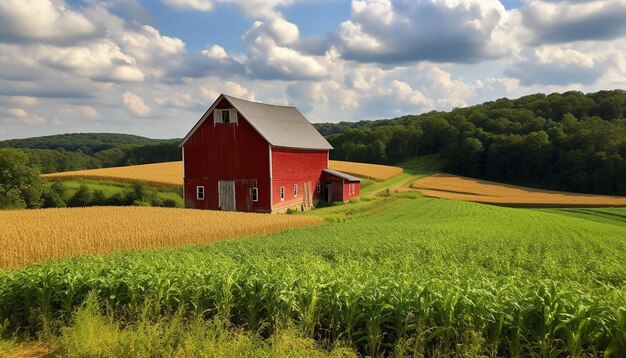 Красный амбар стоит на кукурузном поле.