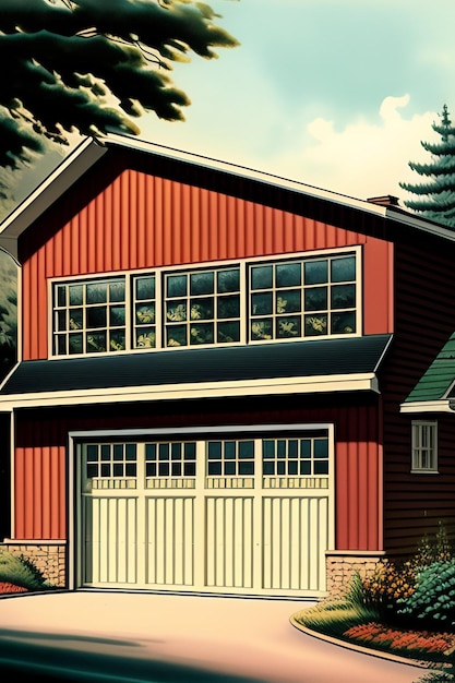 Foto gratuita un fienile rosso con una porta da garage bianca e finestre nere.
