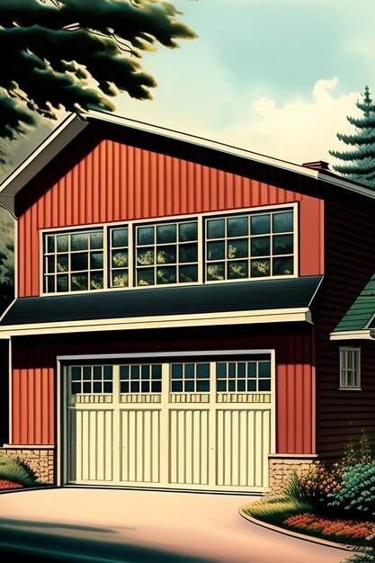 A red barn with a white garage door and black windows.