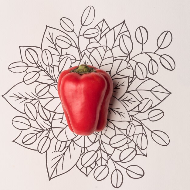 Red bell pepper over outline floral background