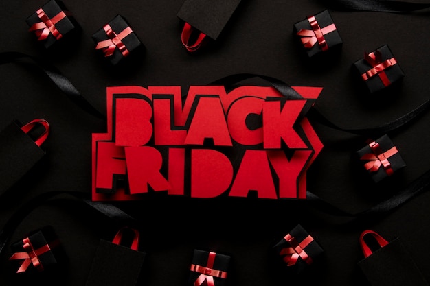 Red black friday and gift boxes top view