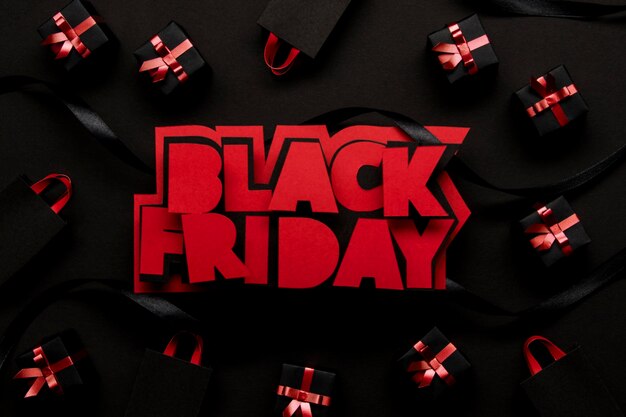 Red black friday and gift boxes top view