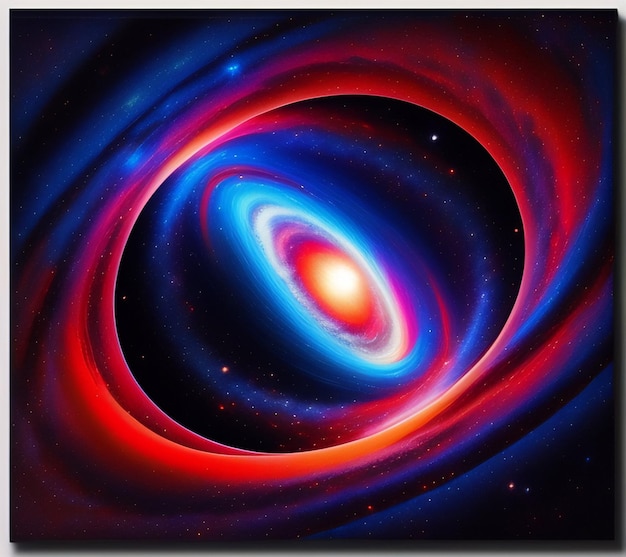 A red and blue swirl is in the center of a black hole.