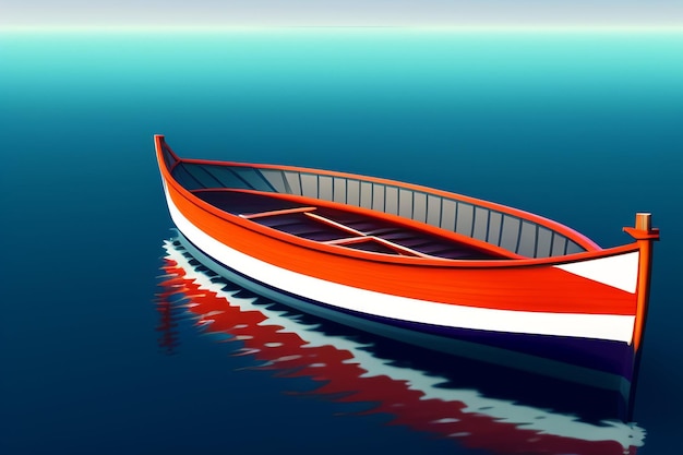 A red boat is floating on the water.
