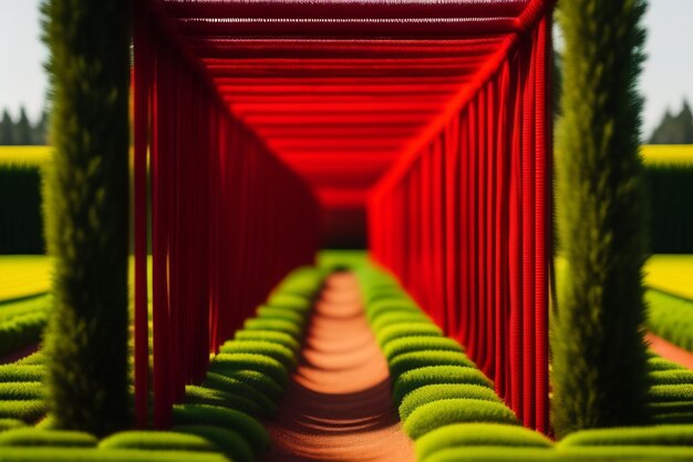 A red bridge with green seats and a red structure with a green roof.