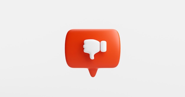 Red bubble dislike button or icon thumbs down or unlike sign feedback concept on white background 3D rendering