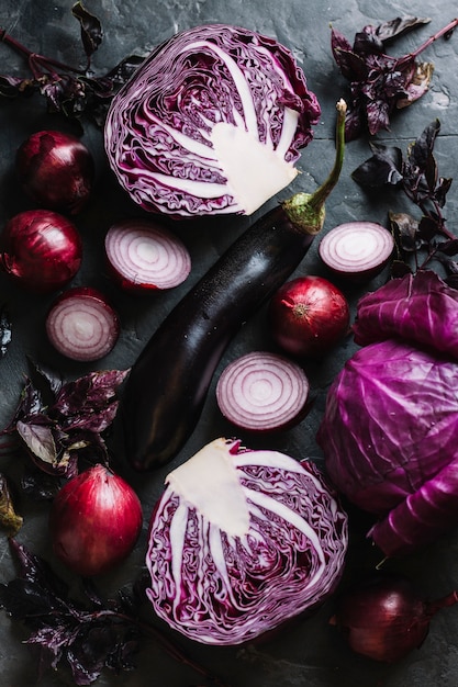 Red cabbage and eggplant vegetables top view