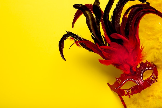 Free photo red carnival mask with feathers and copy space