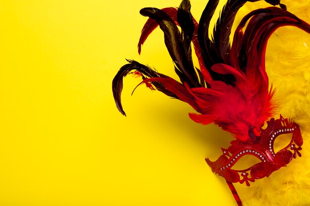 Red carnival mask with feathers and copy space