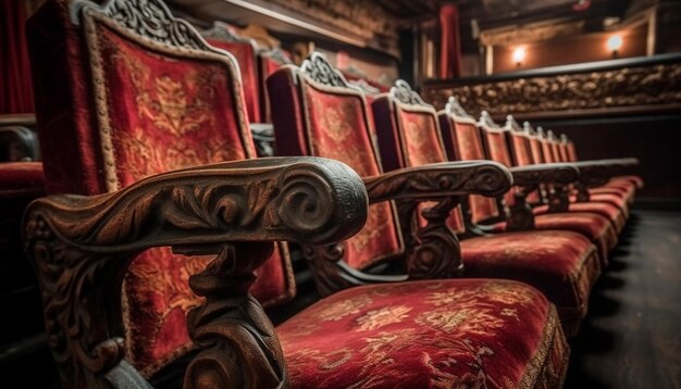 Foto gratuita sedie rosse in un teatro con la parola teatro a sinistra