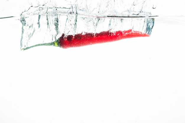 Red chili falling into water against white background