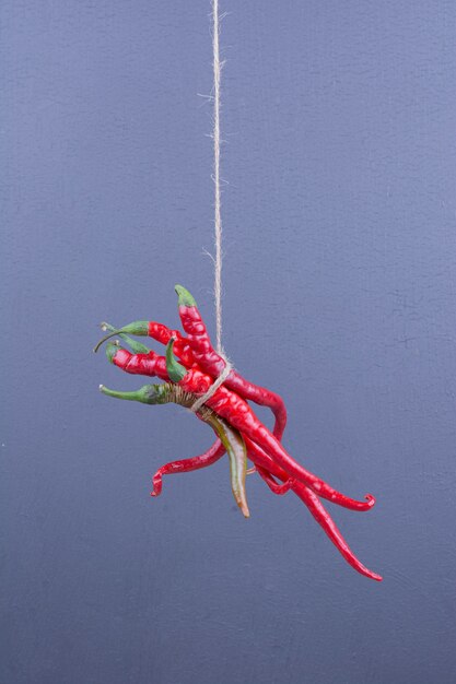 Red chili peppers hanged with a thread on the blue surface