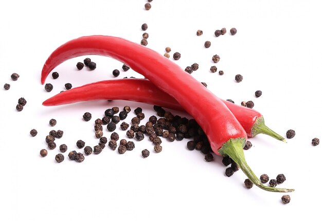 Red chili peppers and peppercorns