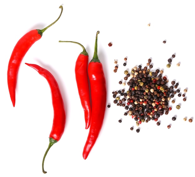 Red chili peppers and peppercorns