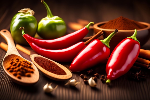 Red chili peppers on a wooden table with other chilis and spices