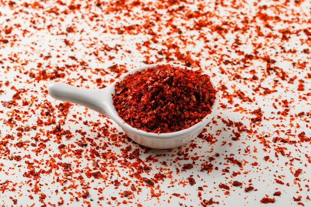 Red chili powder in a white scoop on white and scattered spice background.