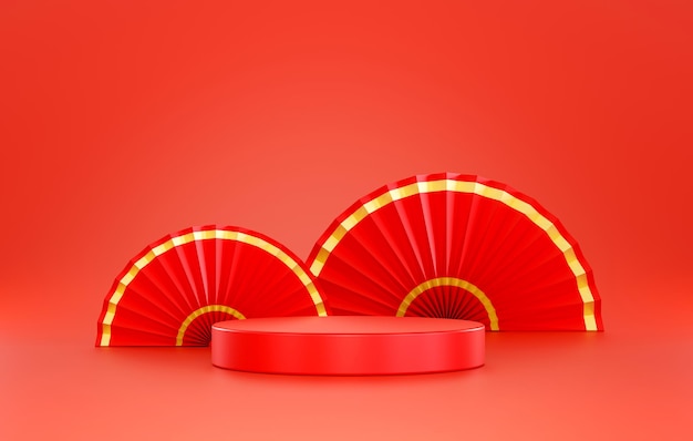 Красный китайский новый год подиум цилиндр пьедестал минимальный дисплей продукта абстрактный фон 3D иллюстрация пустая презентация сцены дисплея для размещения продукта