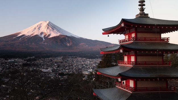 Red Chureito Pagoda in Japan, with Mount Fuji behind