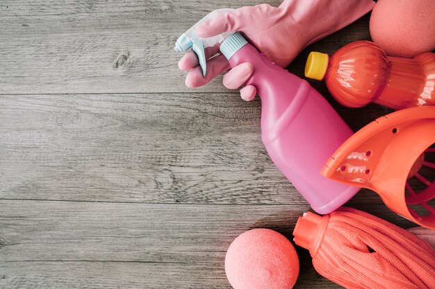 Red cleaning tools and space on left