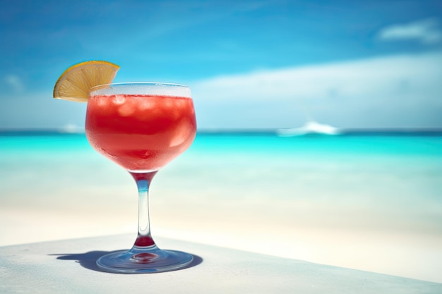 Red cocktail on the white sand of a paradisiacal beach with the sea in the background Copy space Ai generative