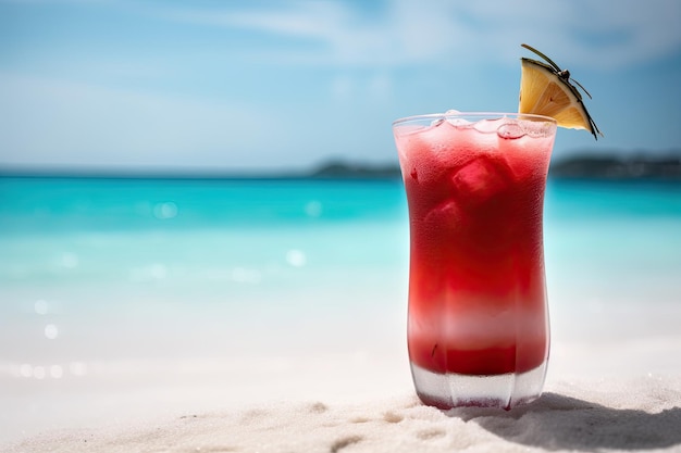 Red cocktail on the white sand of a paradisiacal beach with the sea in the background Copy space Ai generative