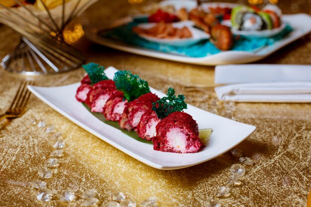 Red color pate set on the table