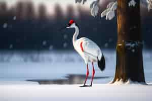 Free photo a red - crowned crane stands in the snow in a snowy scene.