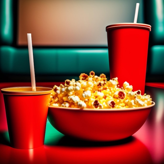 Free photo a red cup of popcorn and a cup of soda are on a red table.