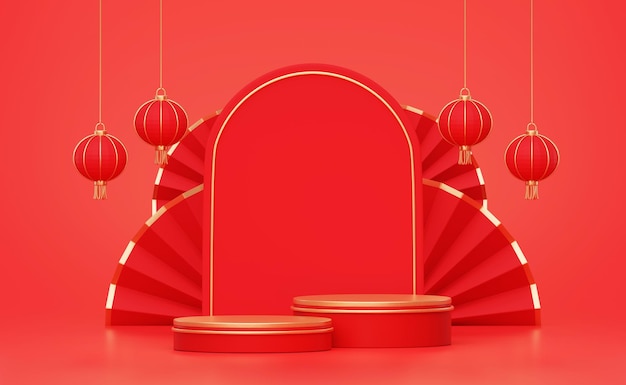 Free photo red cylinder podium chinese new year product stand podium background pedestal 3d rendering